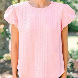 Voy Pink Cable Knit Puff Sleeve Top Size Medium